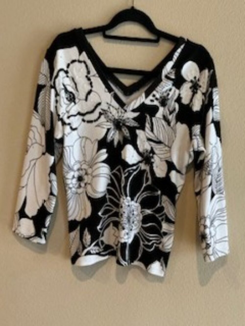 Cache Women's  3/4 sleeve Blouse, Size S, Floral Black and White Print